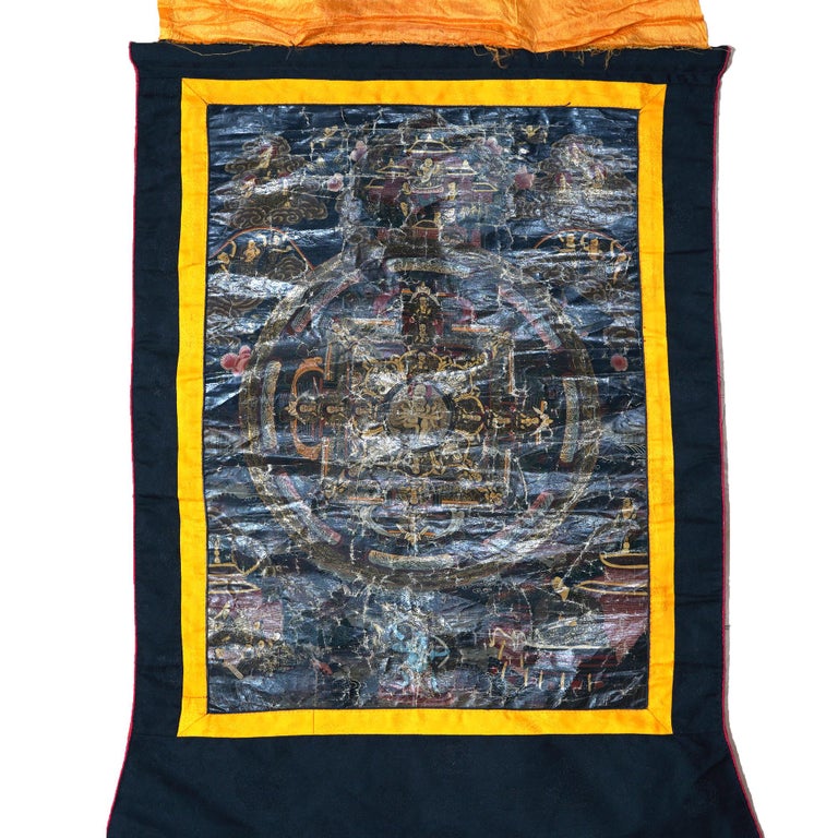 Antique Tibetan Hand Painted Silk and Canvas Thangka with Figures C1920