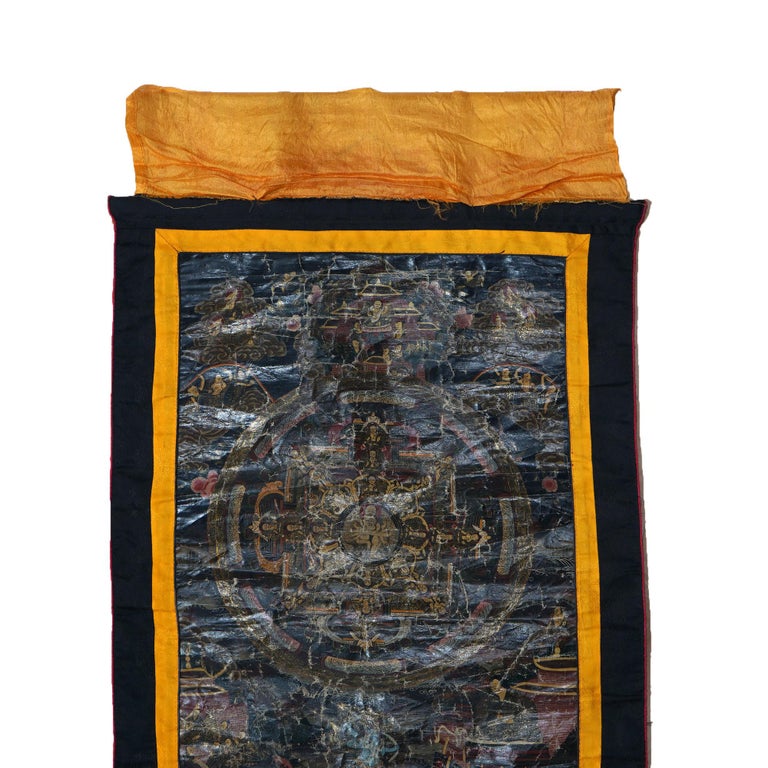 Antique Tibetan Hand Painted Silk and Canvas Thangka with Figures C1920