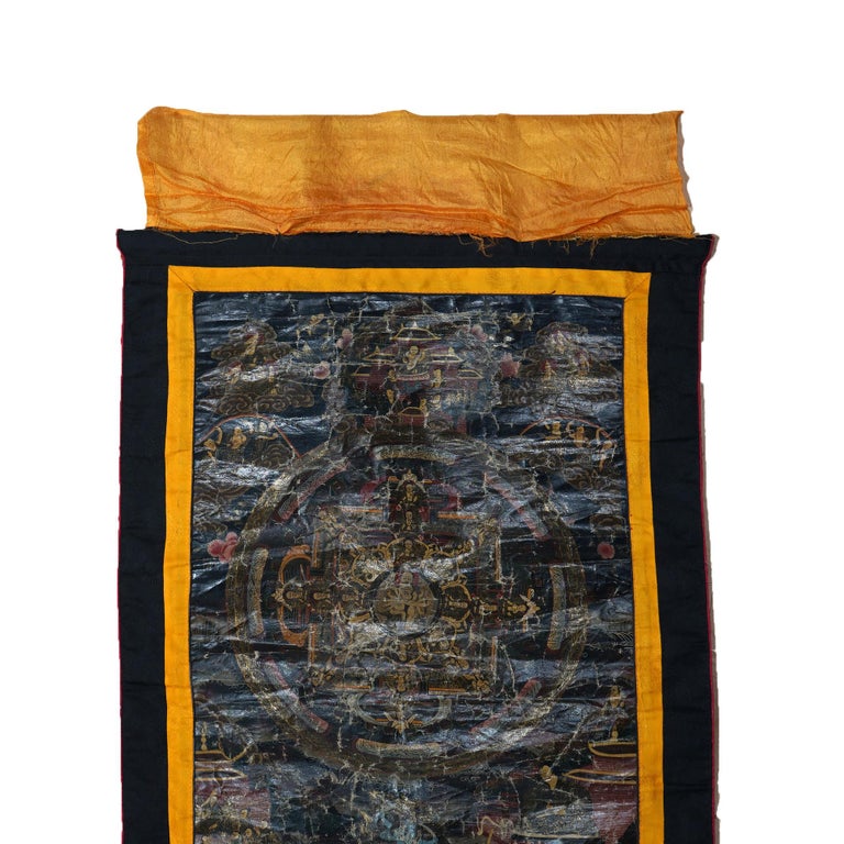 Antique Tibetan Hand Painted Silk and Canvas Thangka with Figures C1920
