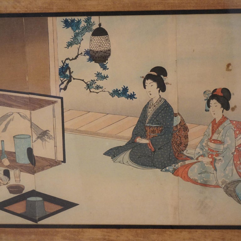Antique Japanese Woodblock Triptych (3 Panel) Print by Toyohara, Framed, C1920