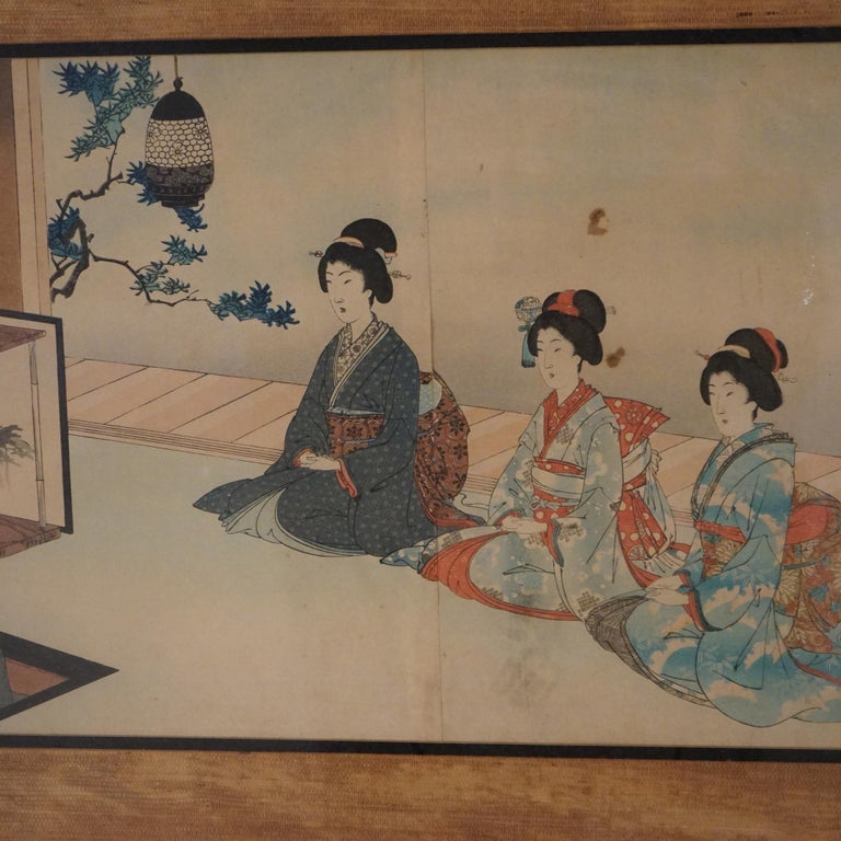 Antique Japanese Woodblock Triptych (3 Panel) Print by Toyohara, Framed, C1920