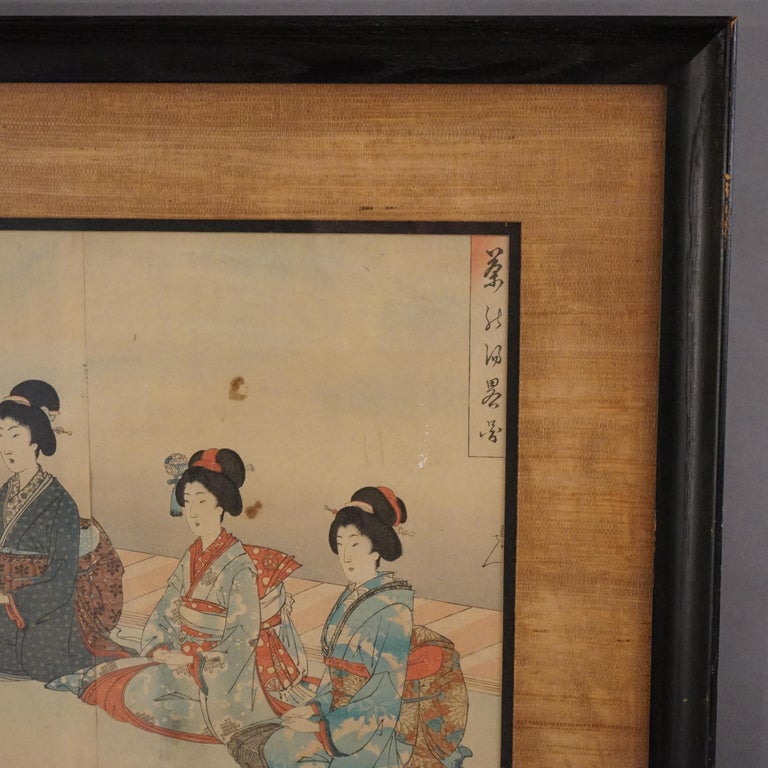 Antique Japanese Woodblock Triptych (3 Panel) Print by Toyohara, Framed, C1920