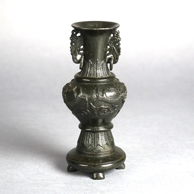 Antique Chinese Carved Hard Stone Double Handle Urn in Relief with Dragons C1920