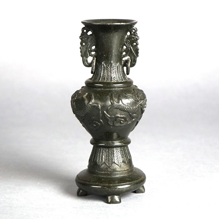 Antique Chinese Carved Hard Stone Double Handle Urn in Relief with Dragons C1920