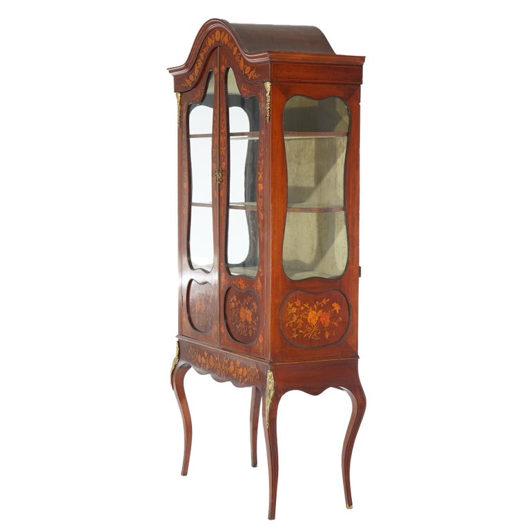 Antique Dutch Marquetry Mahogany Display Cabinet with Ormolu Mounts c1890