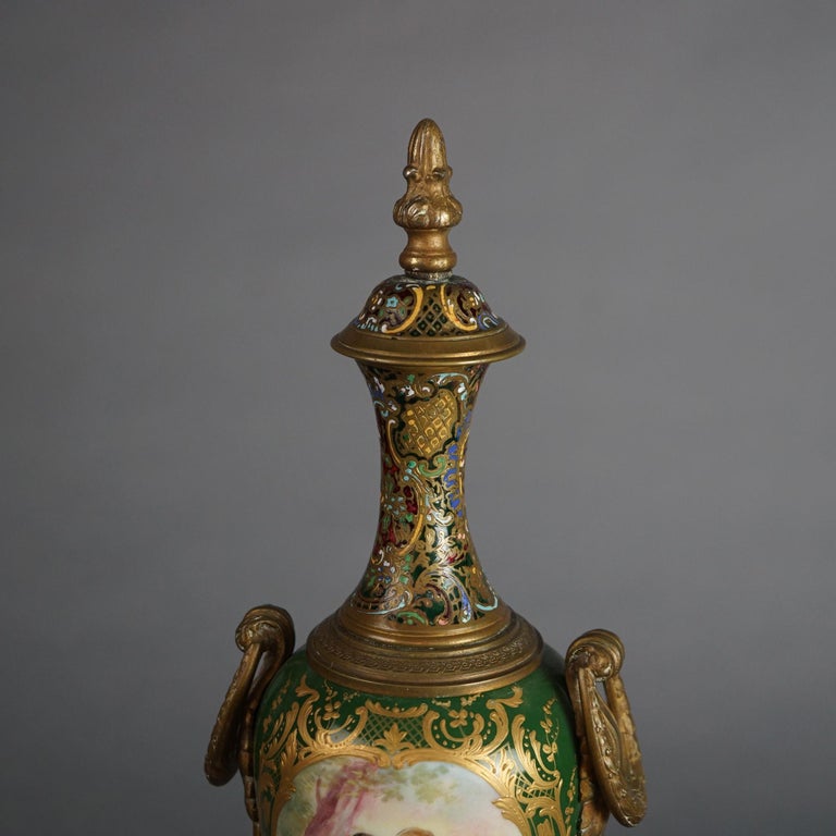 Antique French Sevrés Porcelain & Enameled Portrait Urn with Marble Base c1890