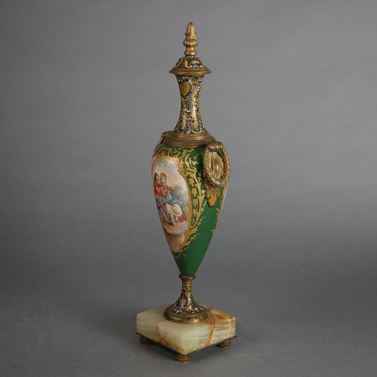 Antique French Sevrés Porcelain & Enameled Portrait Urn with Marble Base c1890