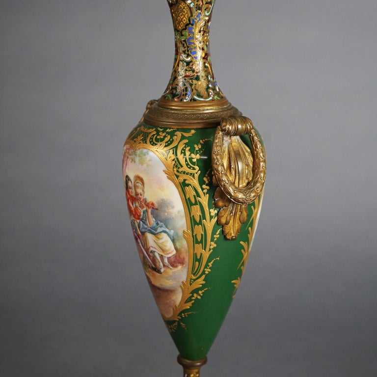 Antique French Sevrés Porcelain & Enameled Portrait Urn with Marble Base c1890