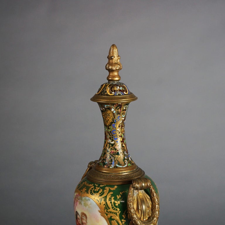 Antique French Sevrés Porcelain & Enameled Portrait Urn with Marble Base c1890