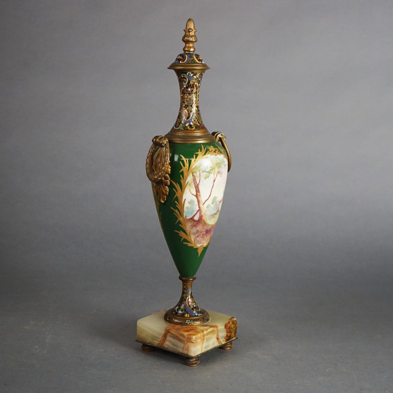 Antique French Sevrés Porcelain & Enameled Portrait Urn with Marble Base c1890