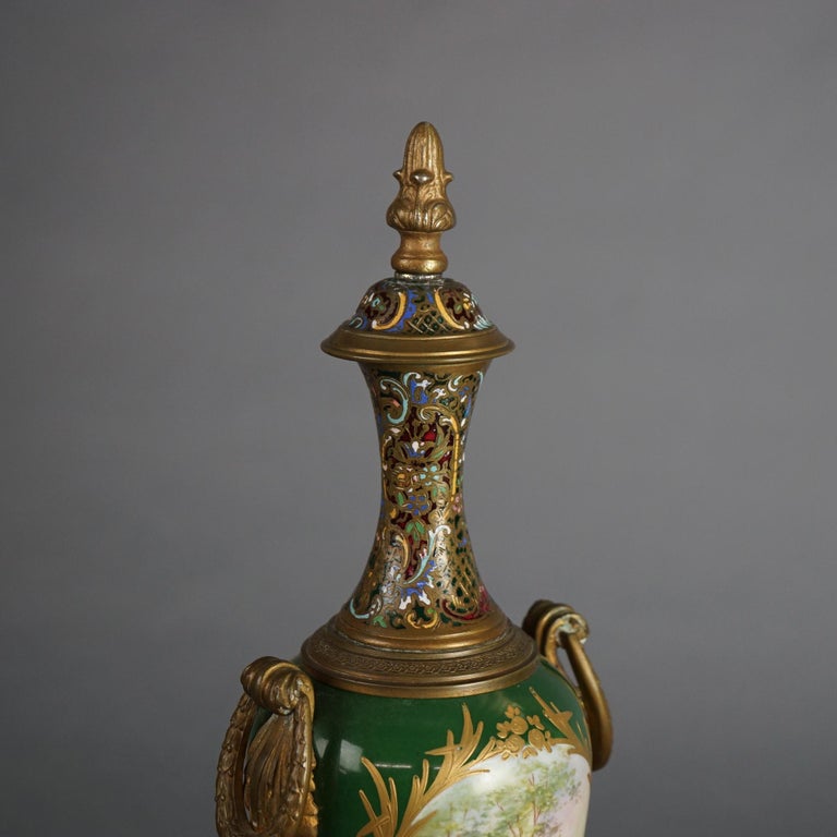 Antique French Sevrés Porcelain & Enameled Portrait Urn with Marble Base c1890
