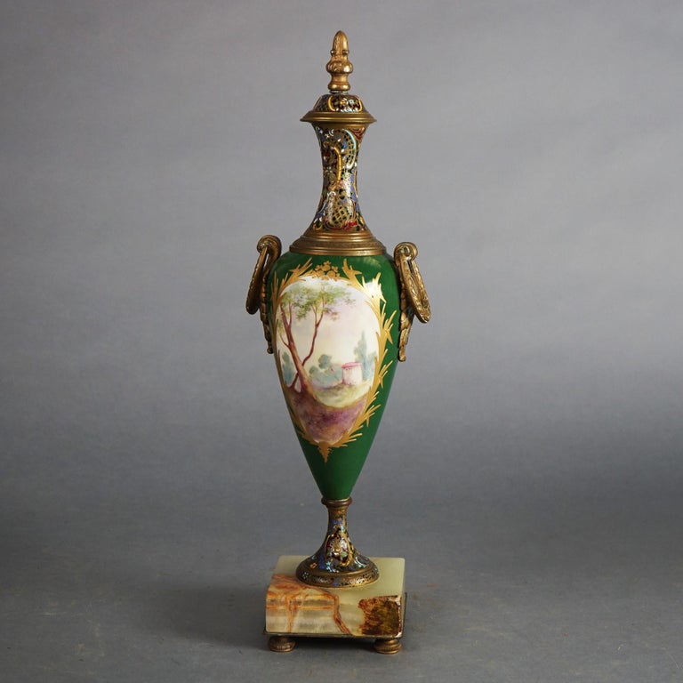 Antique French Sevrés Porcelain & Enameled Portrait Urn with Marble Base c1890