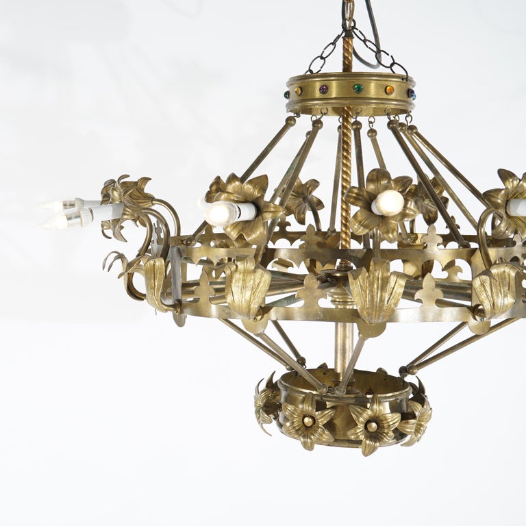 Antique French Fleur-de-Lis Design Brass & Jeweled Twelve-Light Chandelier C1930