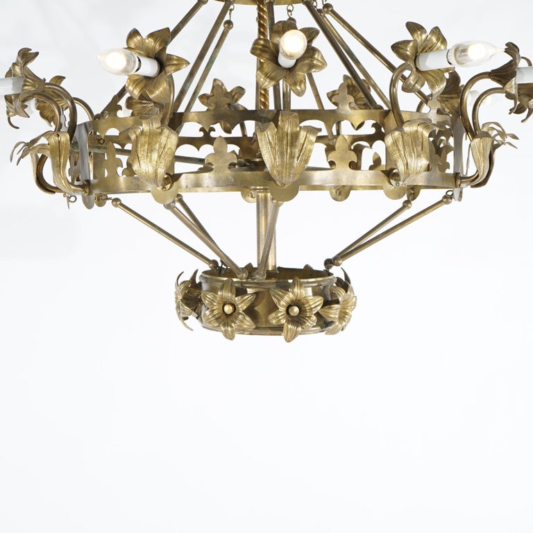 Antique French Fleur-de-Lis Design Brass & Jeweled Twelve-Light Chandelier C1930