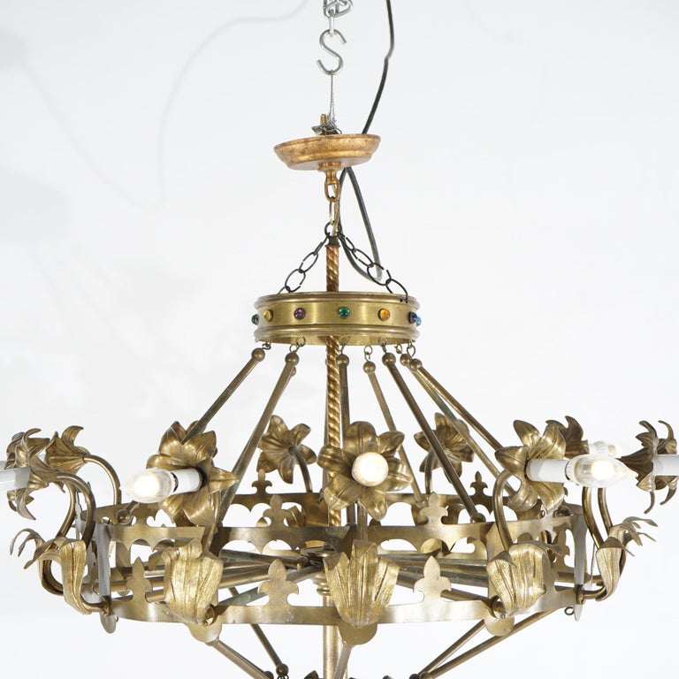Antique French Fleur-de-Lis Design Brass & Jeweled Twelve-Light Chandelier C1930