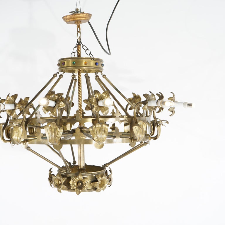 Antique French Fleur-de-Lis Design Brass & Jeweled Twelve-Light Chandelier C1930