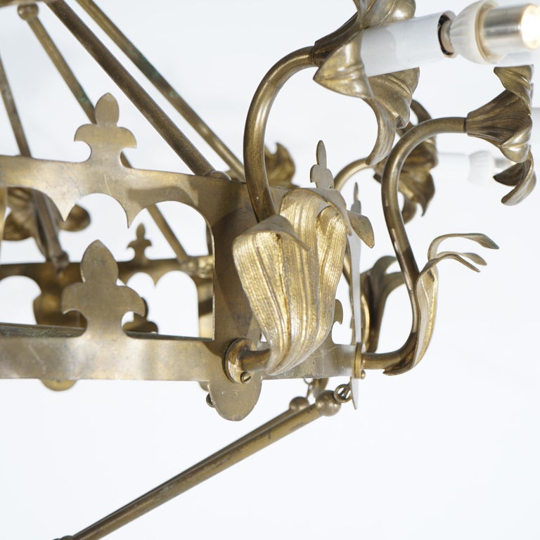 Antique French Fleur-de-Lis Design Brass & Jeweled Twelve-Light Chandelier C1930