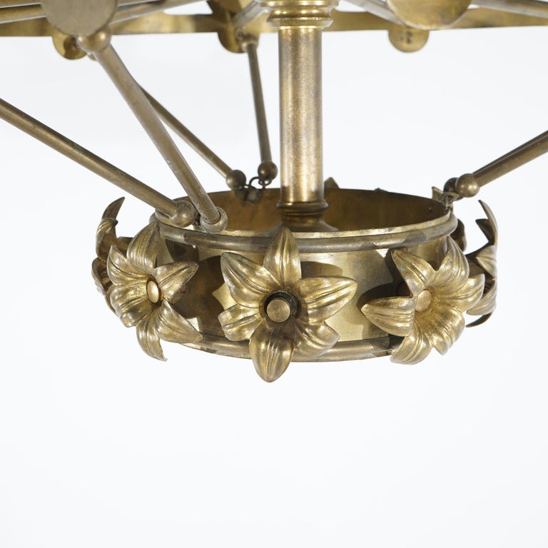 Antique French Fleur-de-Lis Design Brass & Jeweled Twelve-Light Chandelier C1930
