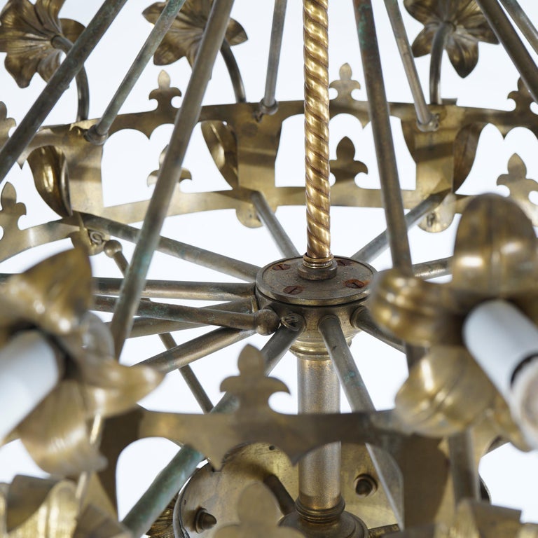 Antique French Fleur-de-Lis Design Brass & Jeweled Twelve-Light Chandelier C1930