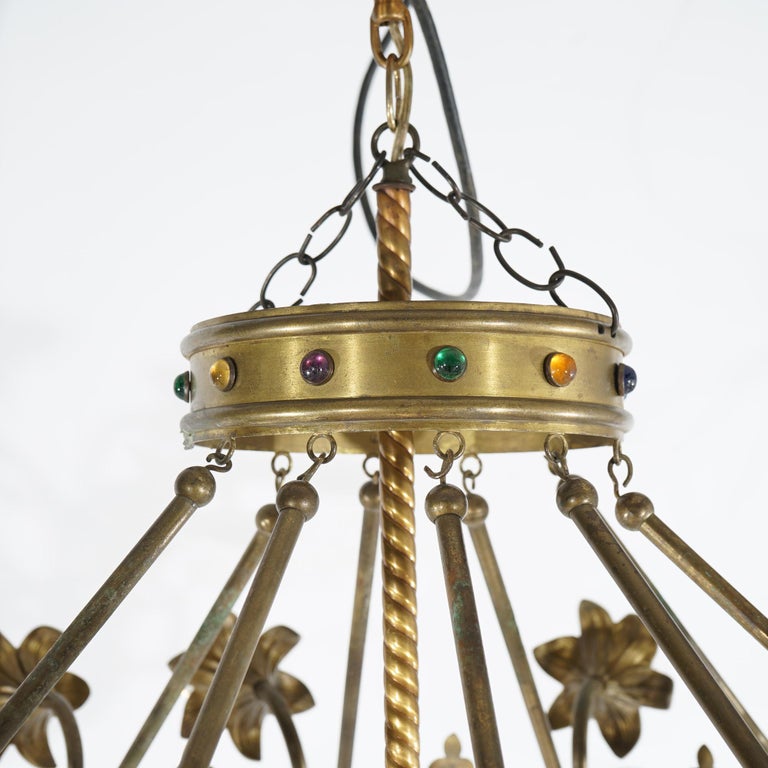 Antique French Fleur-de-Lis Design Brass & Jeweled Twelve-Light Chandelier C1930