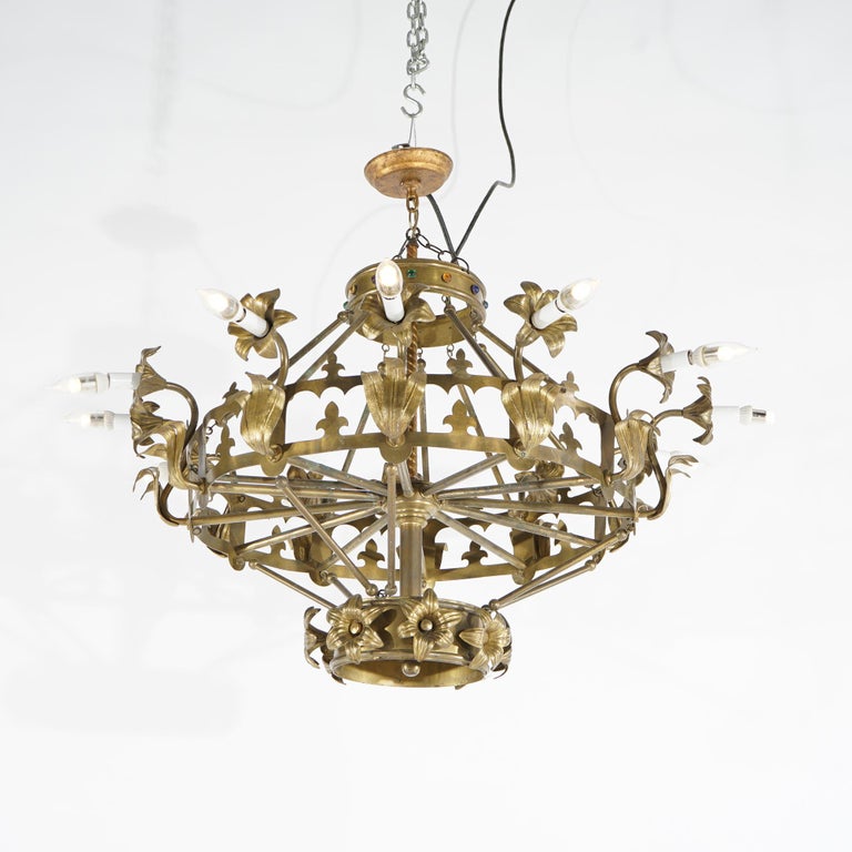 Antique French Fleur-de-Lis Design Brass & Jeweled Twelve-Light Chandelier C1930