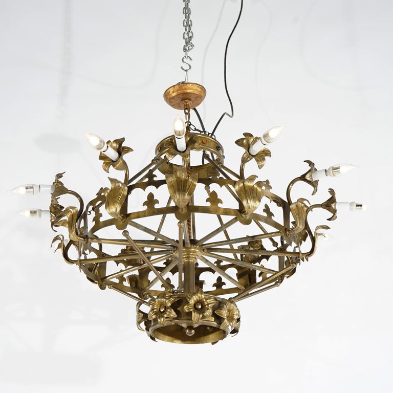 Antique French Fleur-de-Lis Design Brass & Jeweled Twelve-Light Chandelier C1930