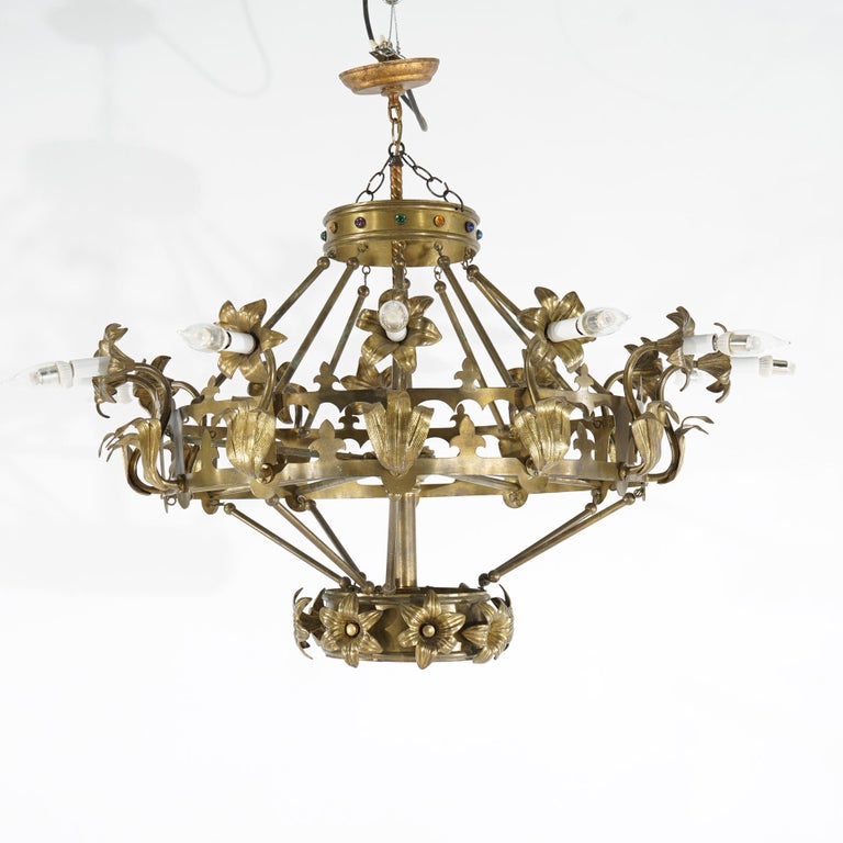 Antique French Fleur-de-Lis Design Brass & Jeweled Twelve-Light Chandelier C1930