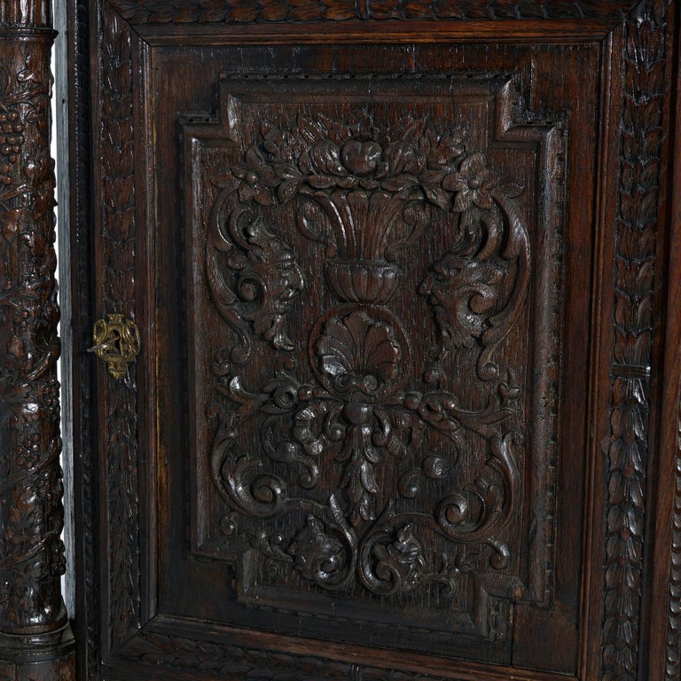 Early Antique Continental Carved Oak Reliquary Cabinet & Carved Columns 18th C