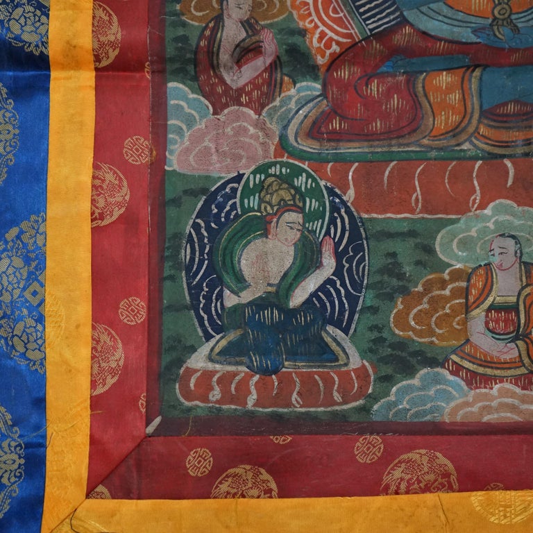Antique Tibetan Hand Painted Silk and Canvas Thangka with Figures C1920
