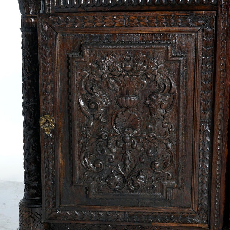 Early Antique Continental Carved Oak Reliquary Cabinet & Carved Columns 18th C