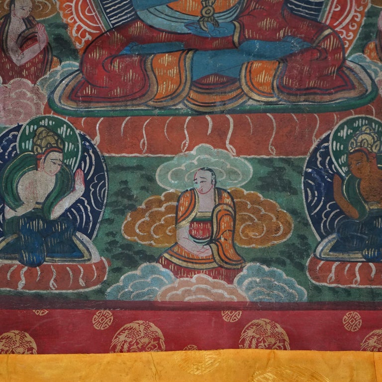Antique Tibetan Hand Painted Silk and Canvas Thangka with Figures C1920
