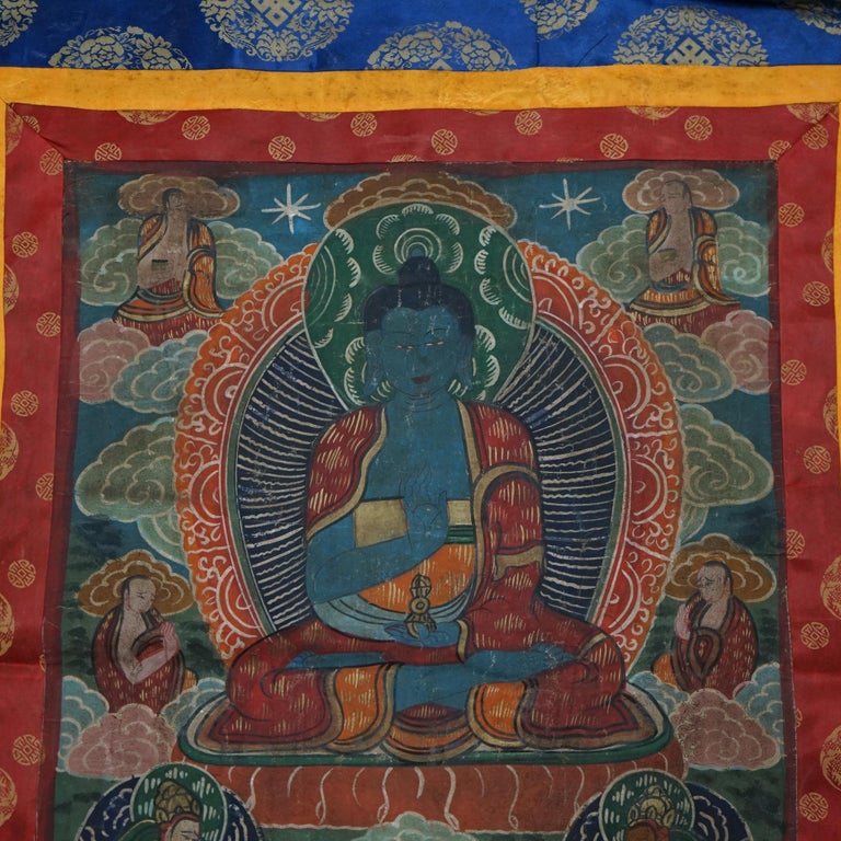 Antique Tibetan Hand Painted Silk and Canvas Thangka with Figures C1920