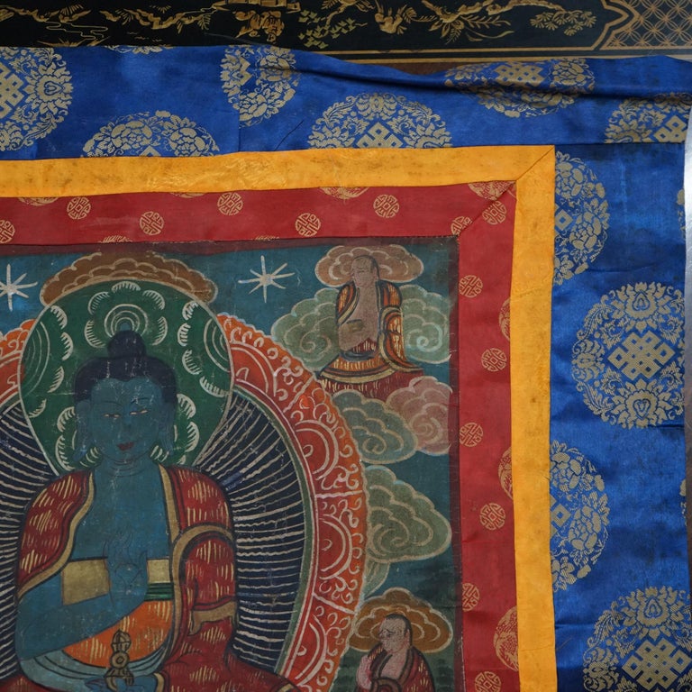 Antique Tibetan Hand Painted Silk and Canvas Thangka with Figures C1920