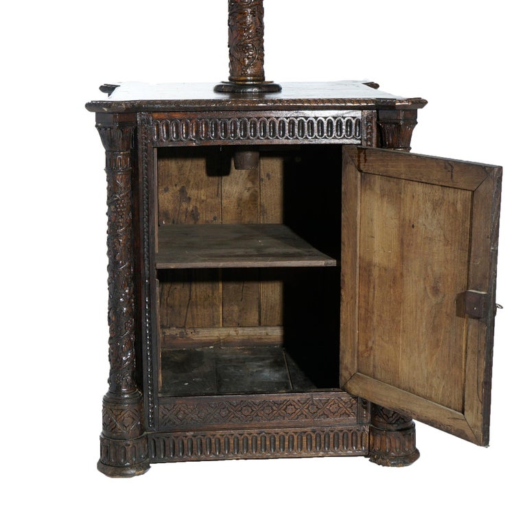 Early Antique Continental Carved Oak Reliquary Cabinet & Carved Columns 18th C