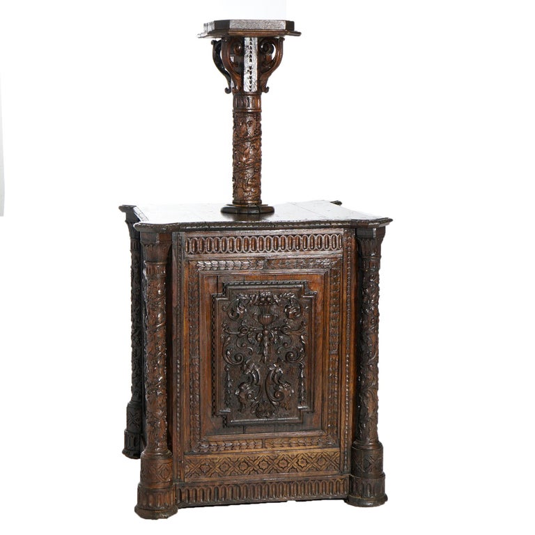 Early Antique Continental Carved Oak Reliquary Cabinet & Carved Columns 18th C