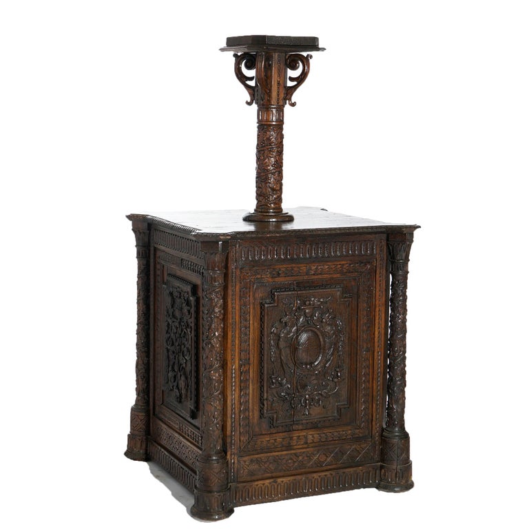 Early Antique Continental Carved Oak Reliquary Cabinet & Carved Columns 18th C
