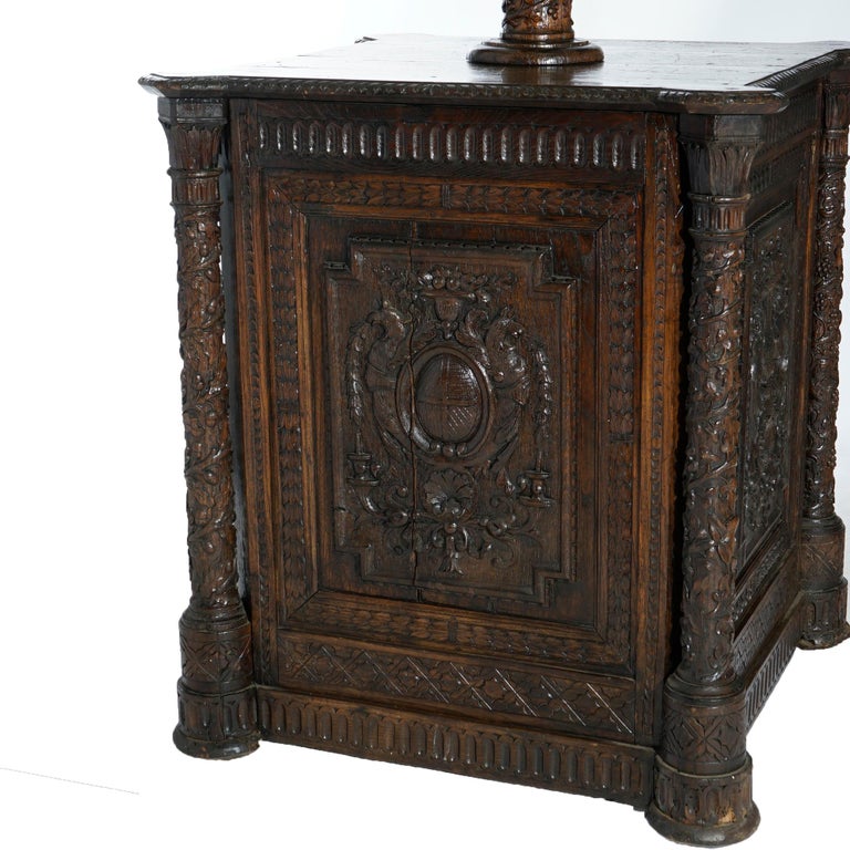 Early Antique Continental Carved Oak Reliquary Cabinet & Carved Columns 18th C