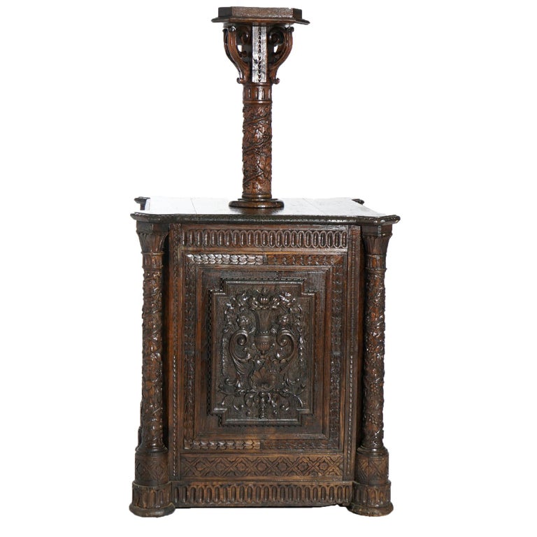 Early Antique Continental Carved Oak Reliquary Cabinet & Carved Columns 18th C