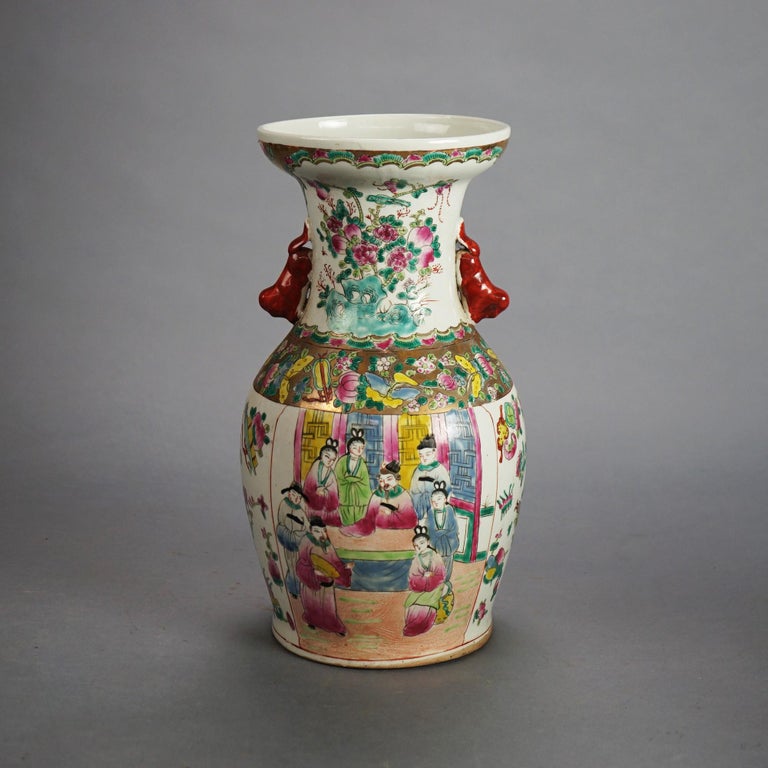 Vintage Chinese Porcelain Vase with Genre Scene & Garden Flowers, Stamped, C1930