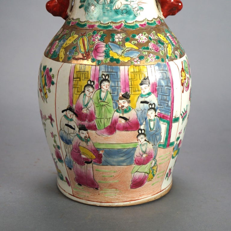Vintage Chinese Porcelain Vase with Genre Scene & Garden Flowers, Stamped, C1930