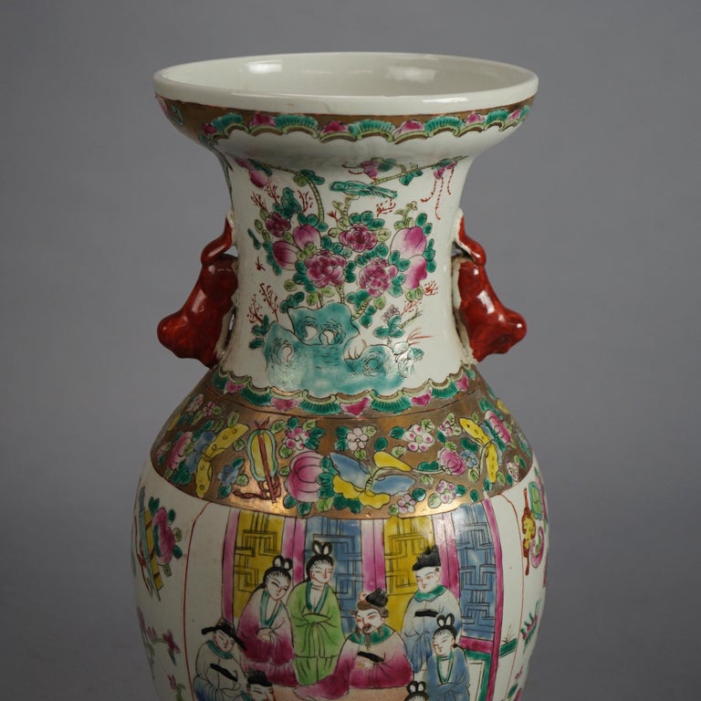 Vintage Chinese Porcelain Vase with Genre Scene & Garden Flowers, Stamped, C1930