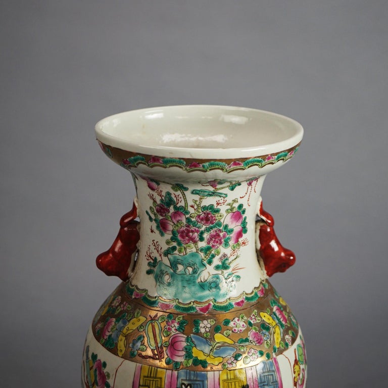 Vintage Chinese Porcelain Vase with Genre Scene & Garden Flowers, Stamped, C1930