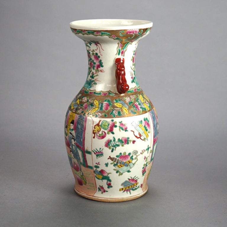 Vintage Chinese Porcelain Vase with Genre Scene & Garden Flowers, Stamped, C1930