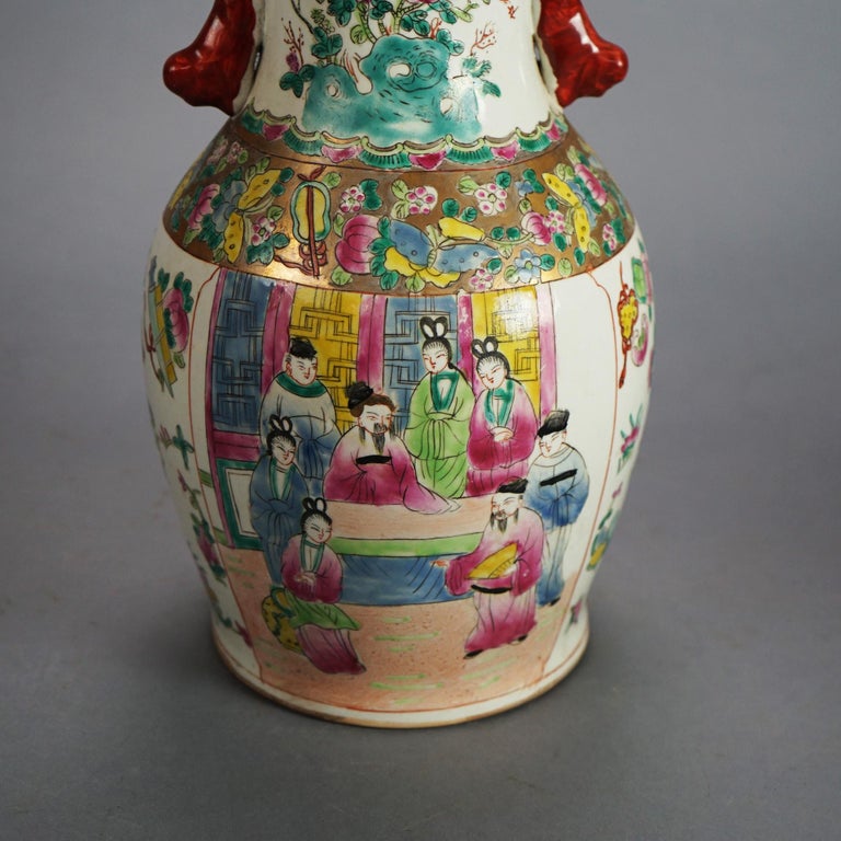 Vintage Chinese Porcelain Vase with Genre Scene & Garden Flowers, Stamped, C1930