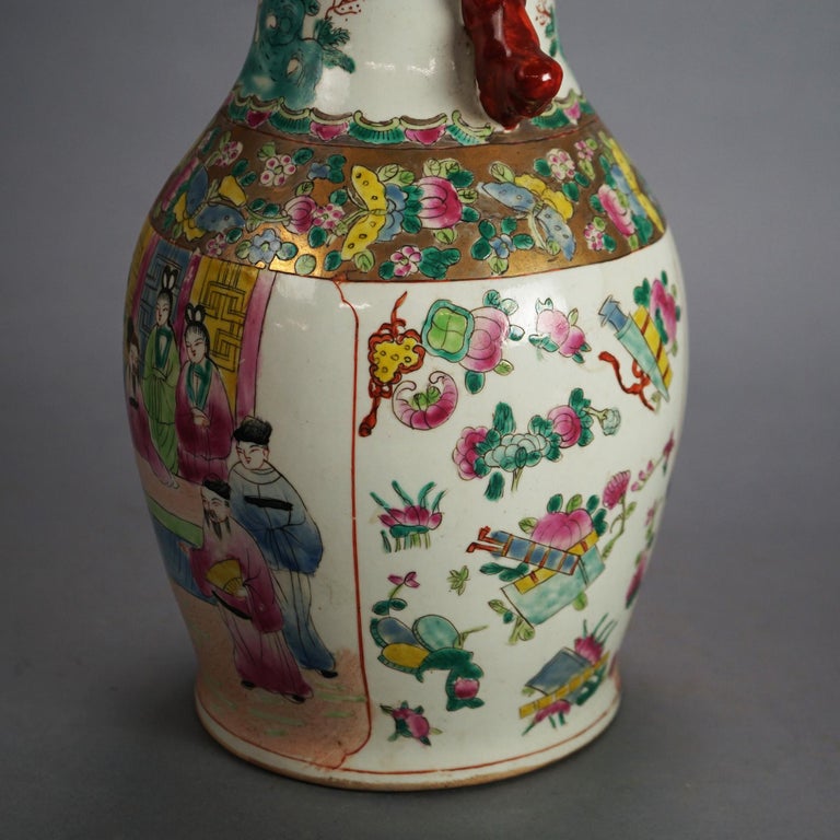 Vintage Chinese Porcelain Vase with Genre Scene & Garden Flowers, Stamped, C1930