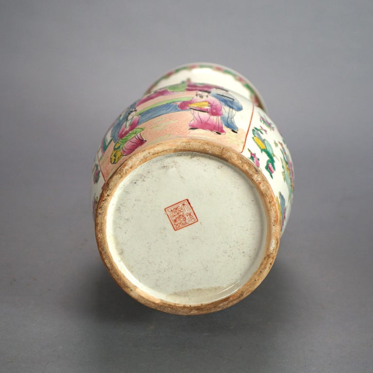 Vintage Chinese Porcelain Vase with Genre Scene & Garden Flowers, Stamped, C1930