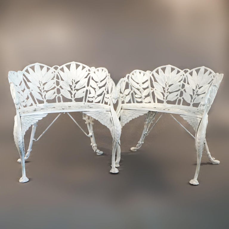 Pair Antique Painted Cast Iron Figural Fern Garden Chairs by Hart C1890
