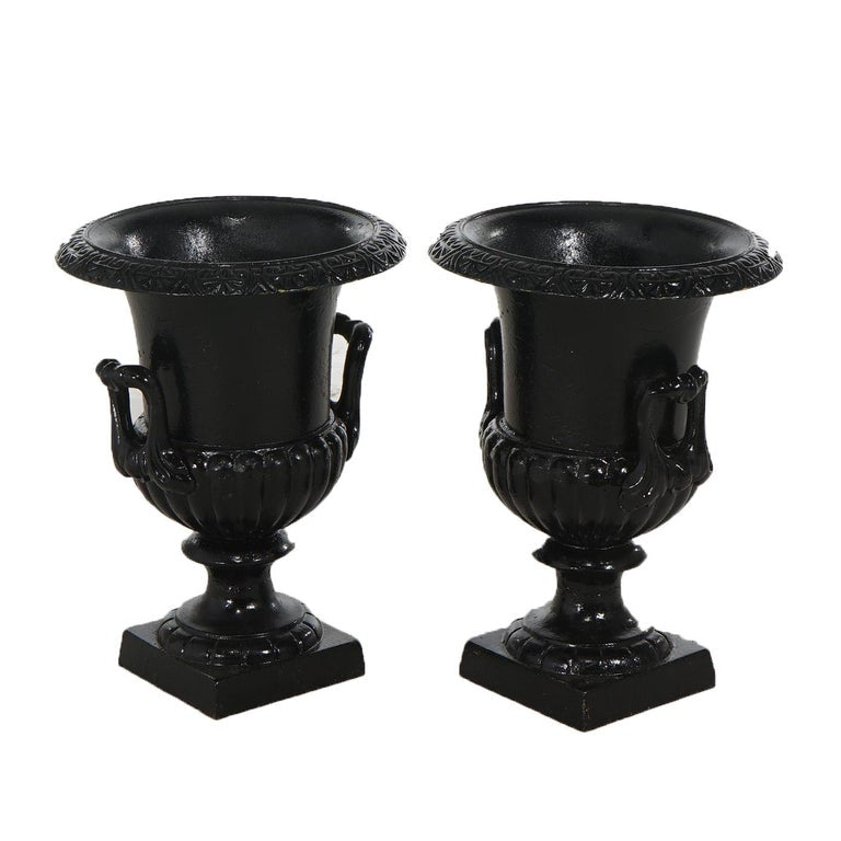 Pair Neoclassical Cast Iron Ribbed Melon-Bowl Double Handled Garden Urns 20thC
