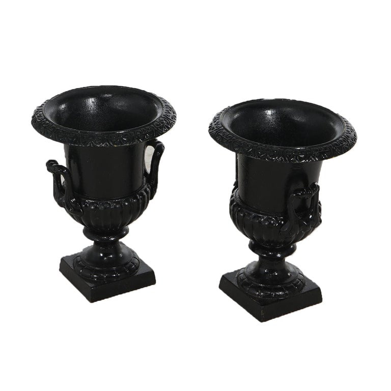 Pair Neoclassical Cast Iron Ribbed Melon-Bowl Double Handled Garden Urns 20thC