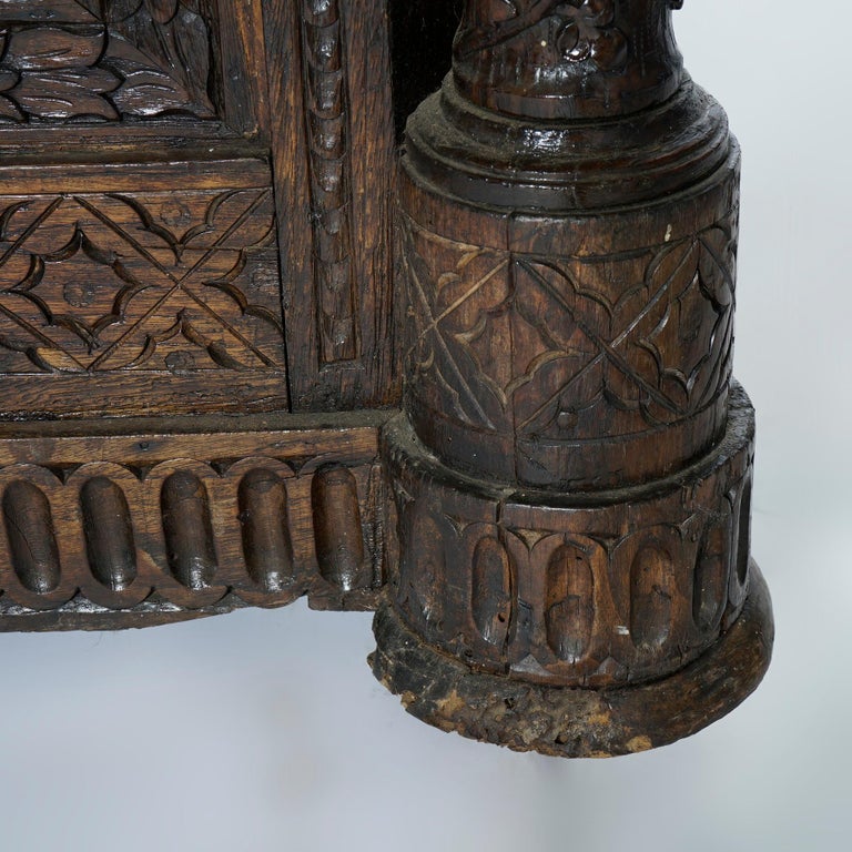 Early Antique Continental Carved Oak Reliquary Cabinet & Carved Columns 18th C